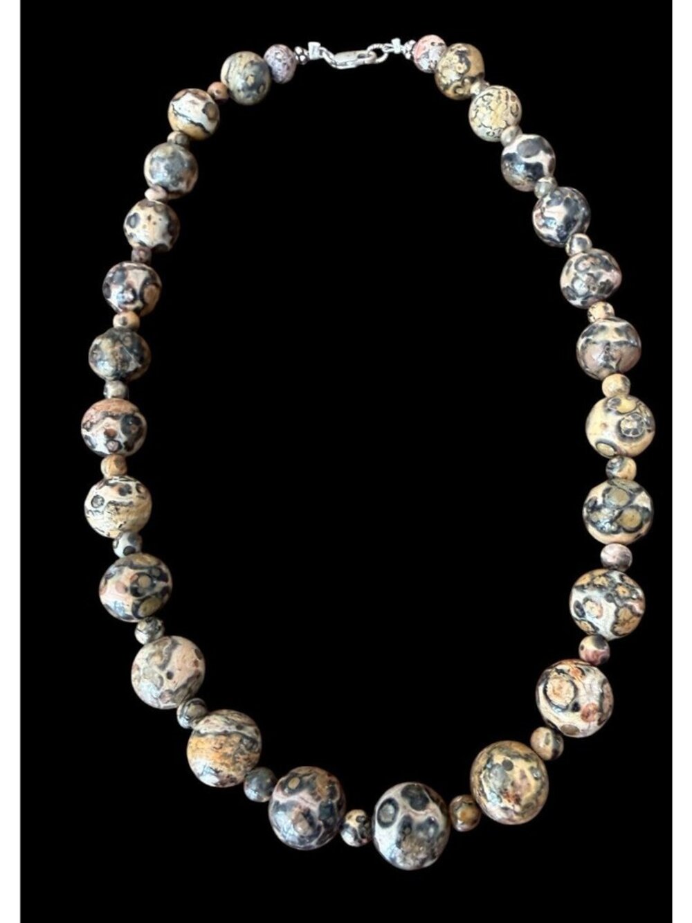 Vintage Leopard Jasper Bead Round Graduated Strand 925 Sterling Silver Clasp 16”